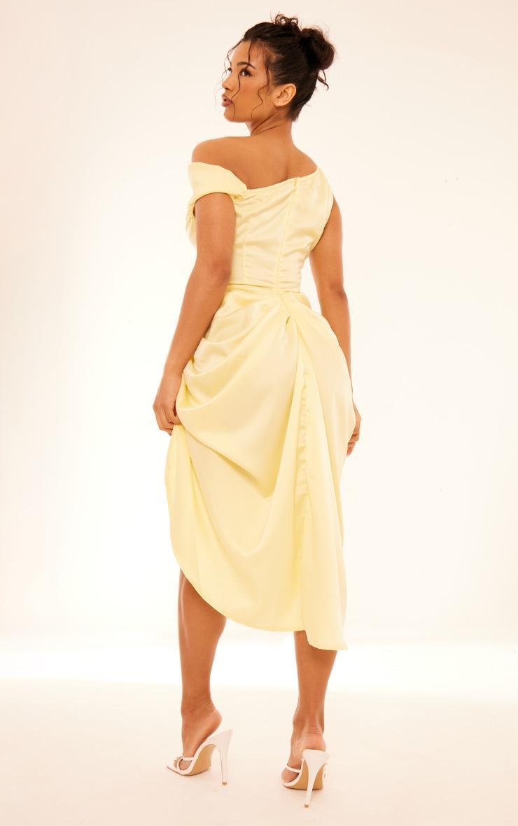 Lemon Satin Off The Shoulder Draped Skirt Midi Dress Product Image