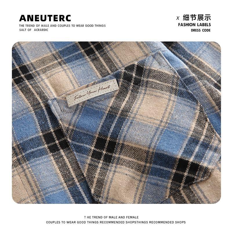 Drop Shoulder Lapel Collar Plaid Button Shirt Product Image