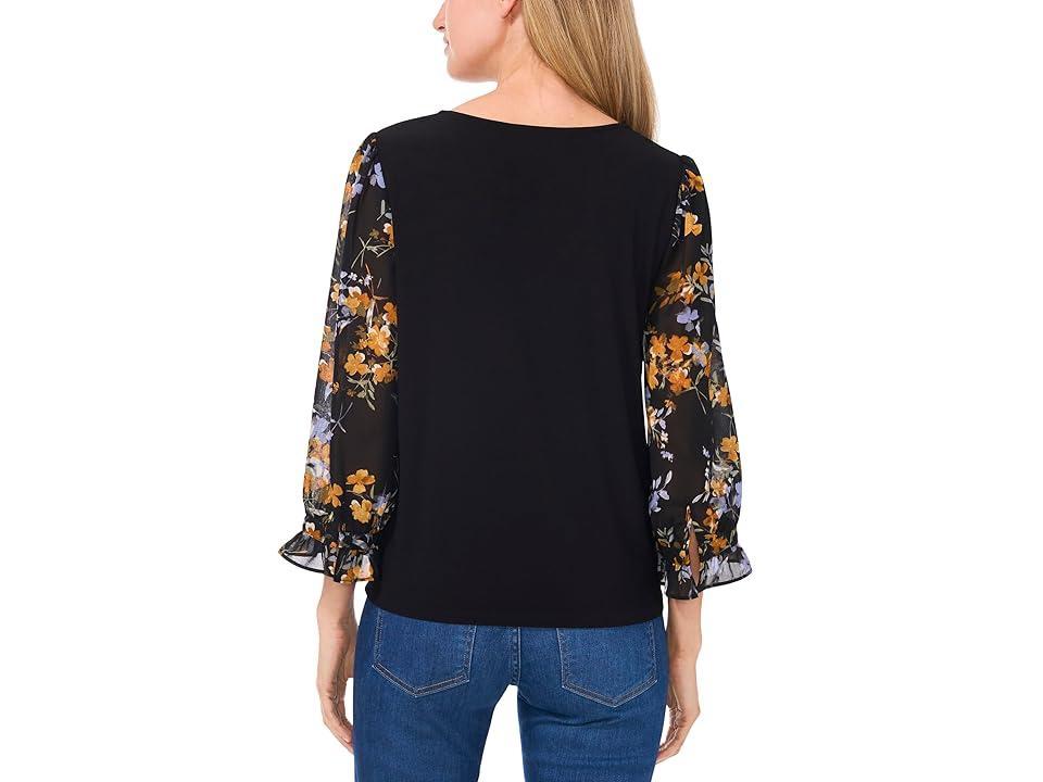 CeCe V Neck Mix Media 3/4 Sleeve Top (Rich ) Women's Clothing Product Image