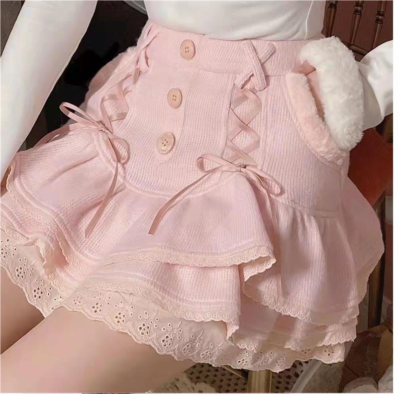 High Rise Plain Bow Lace Trim Mini A-Line Skirt Product Image