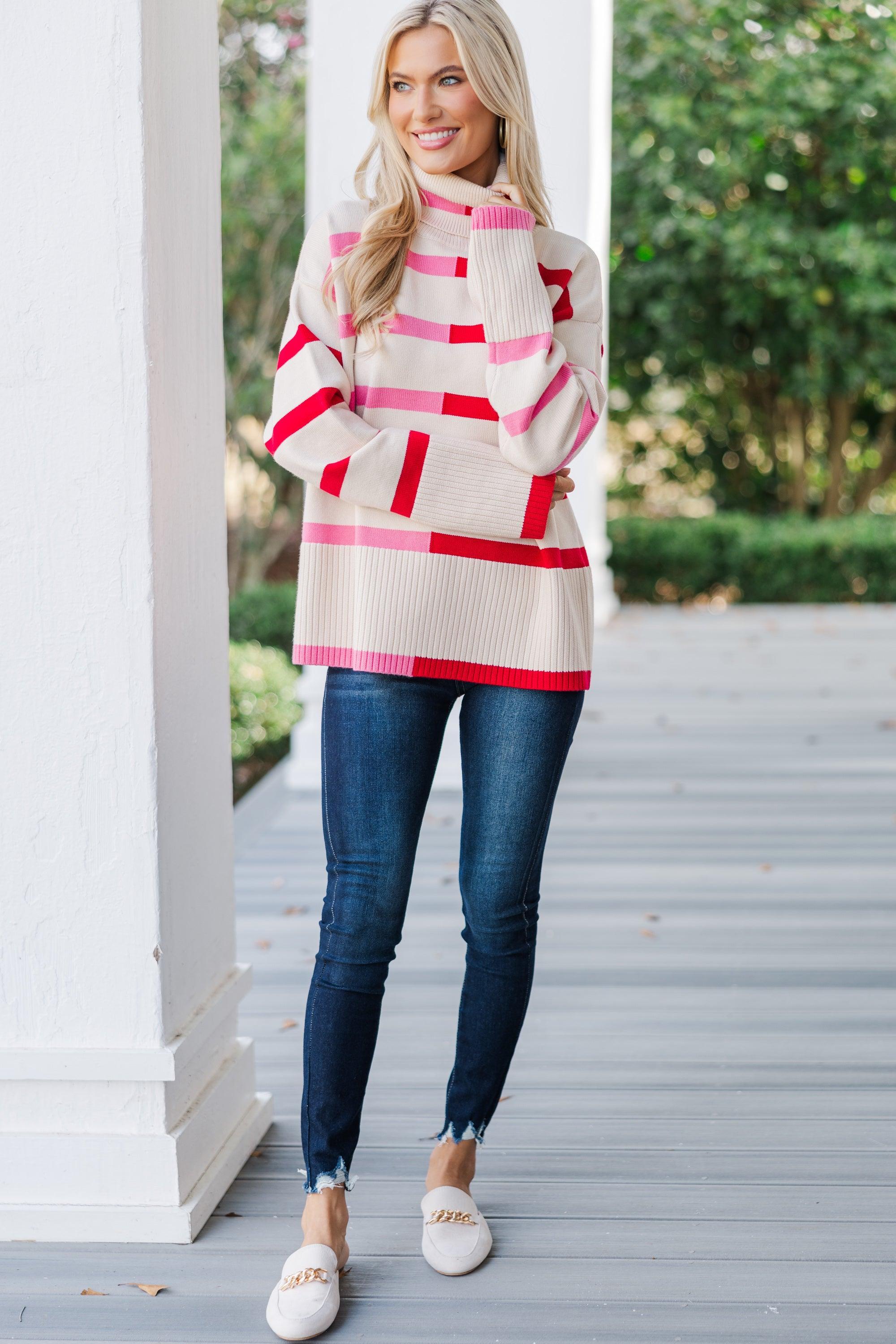 Have Your Fun Pink/Red Striped Turtleneck Sweater Female Product Image