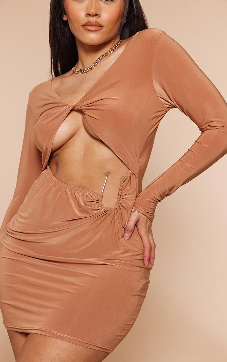 Shape Camel Slinky Ring Bar Detail Ruched Bodycon Dress Product Image