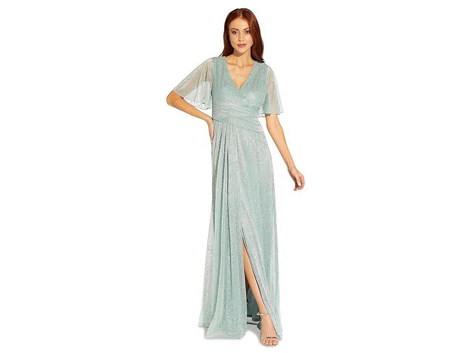 Adrianna Papell Metallic Mesh Draped Gown (Sea Glass) Women's Dress Product Image