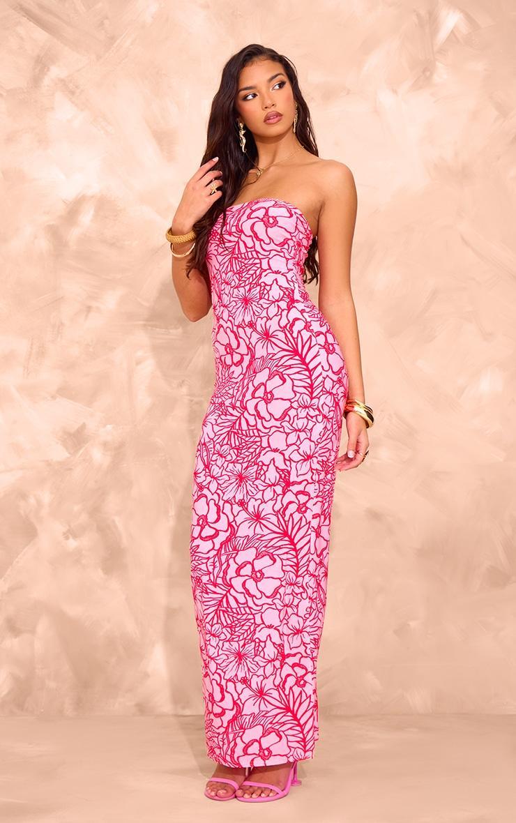 Pink Floral Printed Slinky Bandeau Maxi Dress Product Image