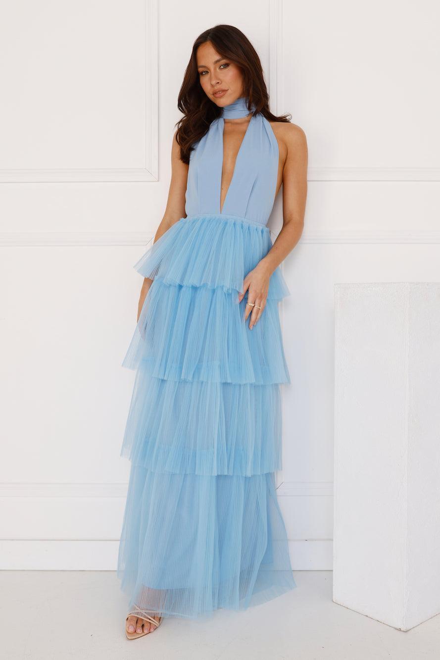 Unreal Beauty Halter Tulle Maxi Dress Blue Product Image