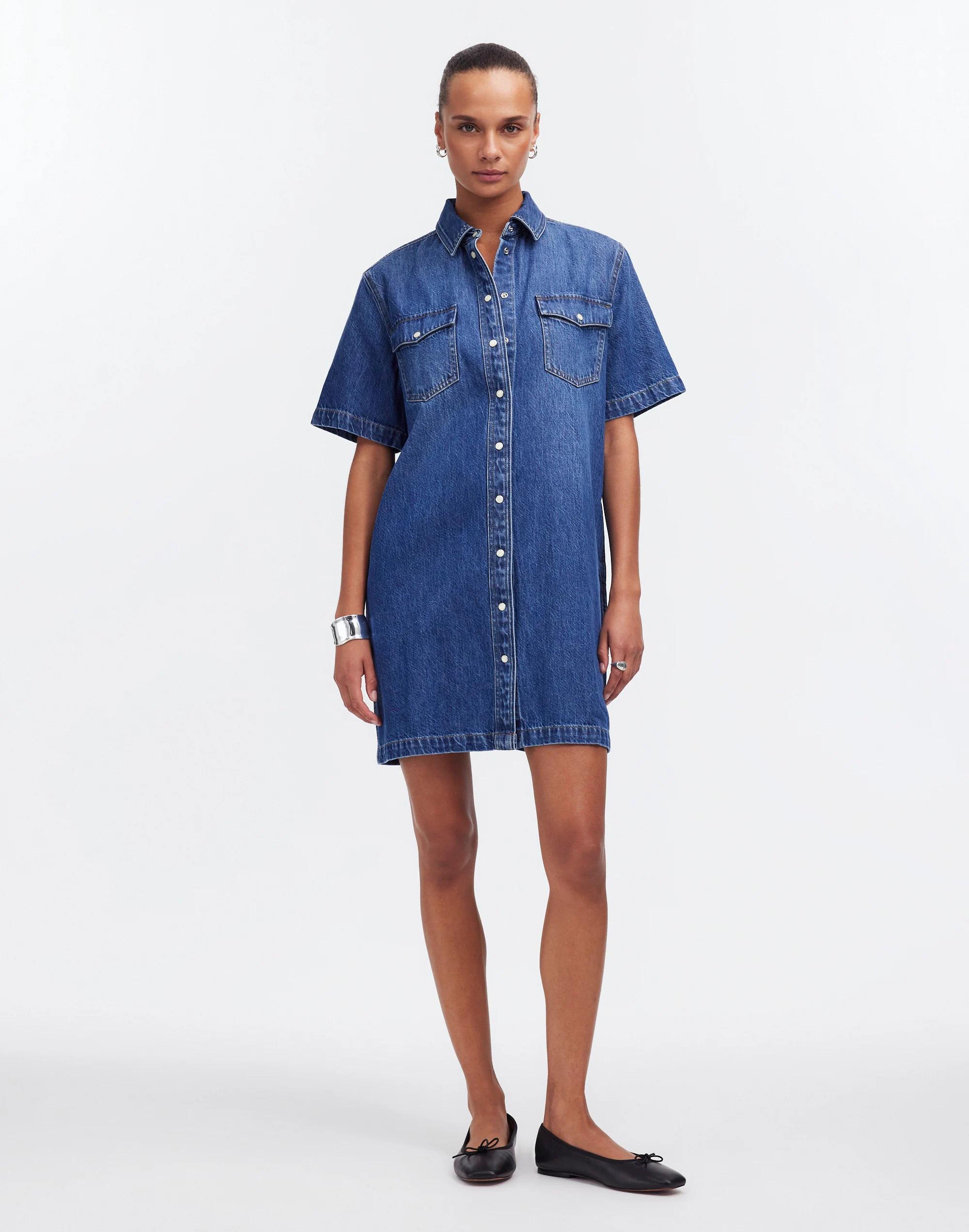 Denim Oversized Short-Sleeve Shirtdress in Santee Wash Product Image