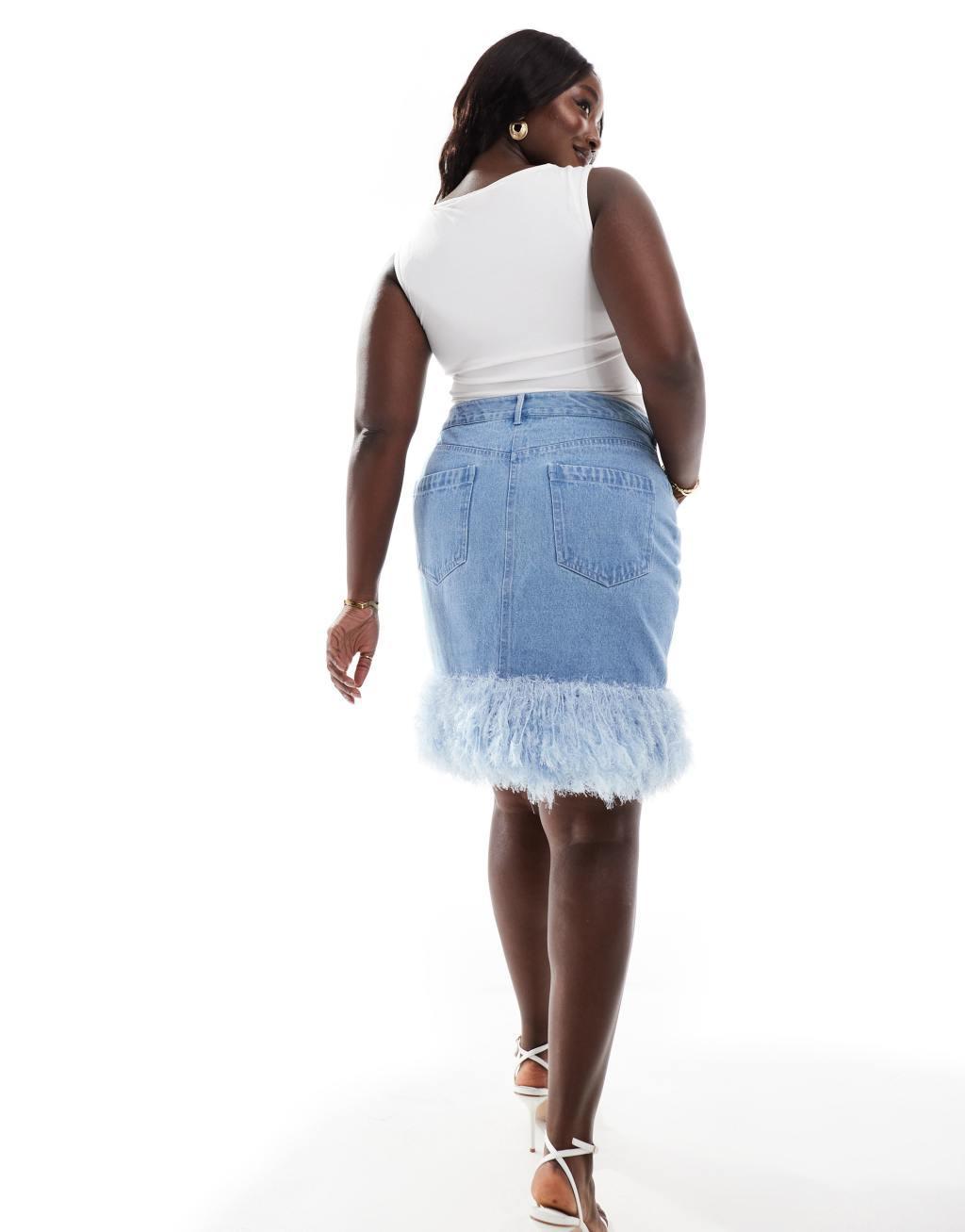 ASOS LUXE Curve denim mini skirt with faux feathers in mid wash blue Product Image