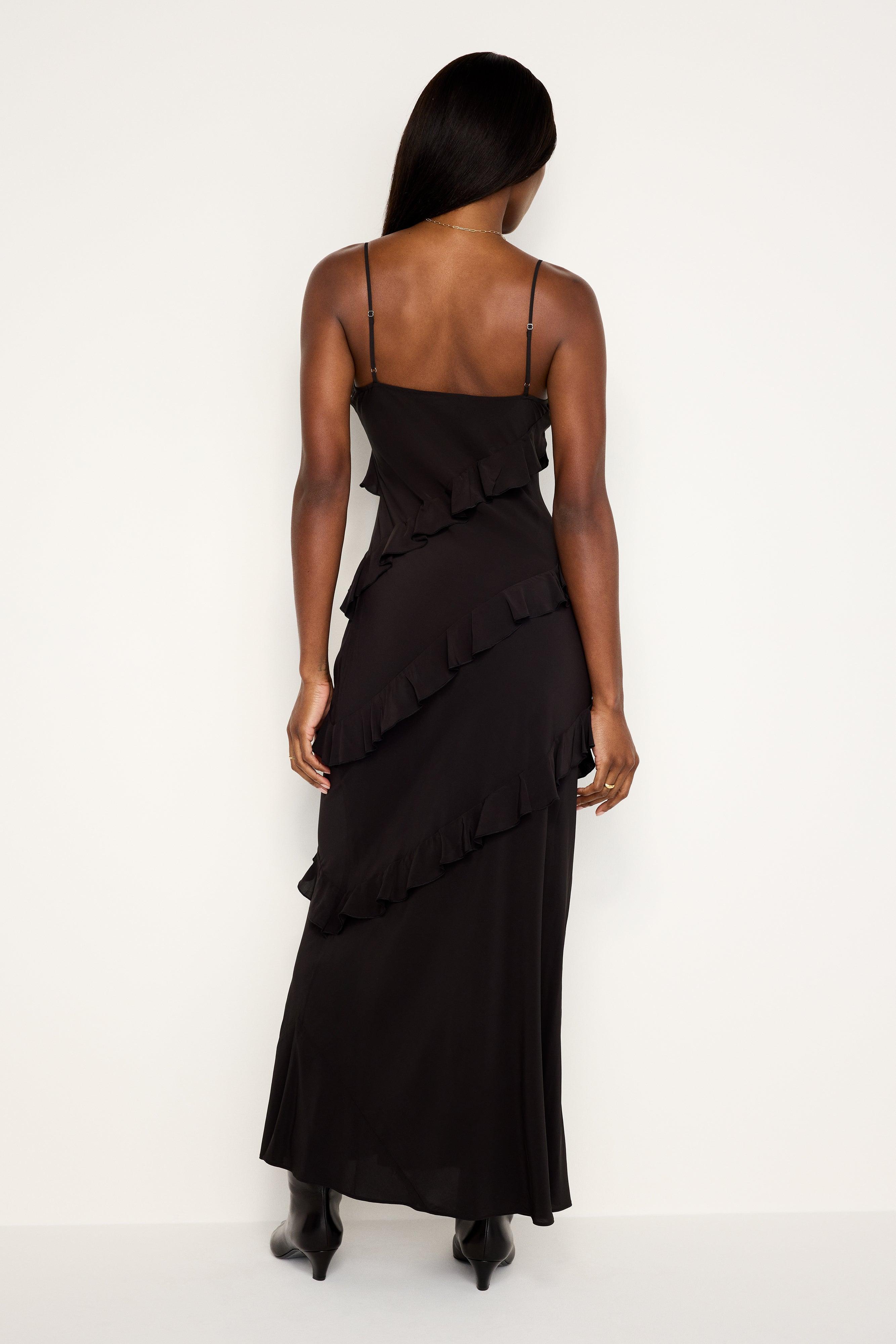 CHIFFON RUFFLE SLIP DRESS | BLACK001 Product Image