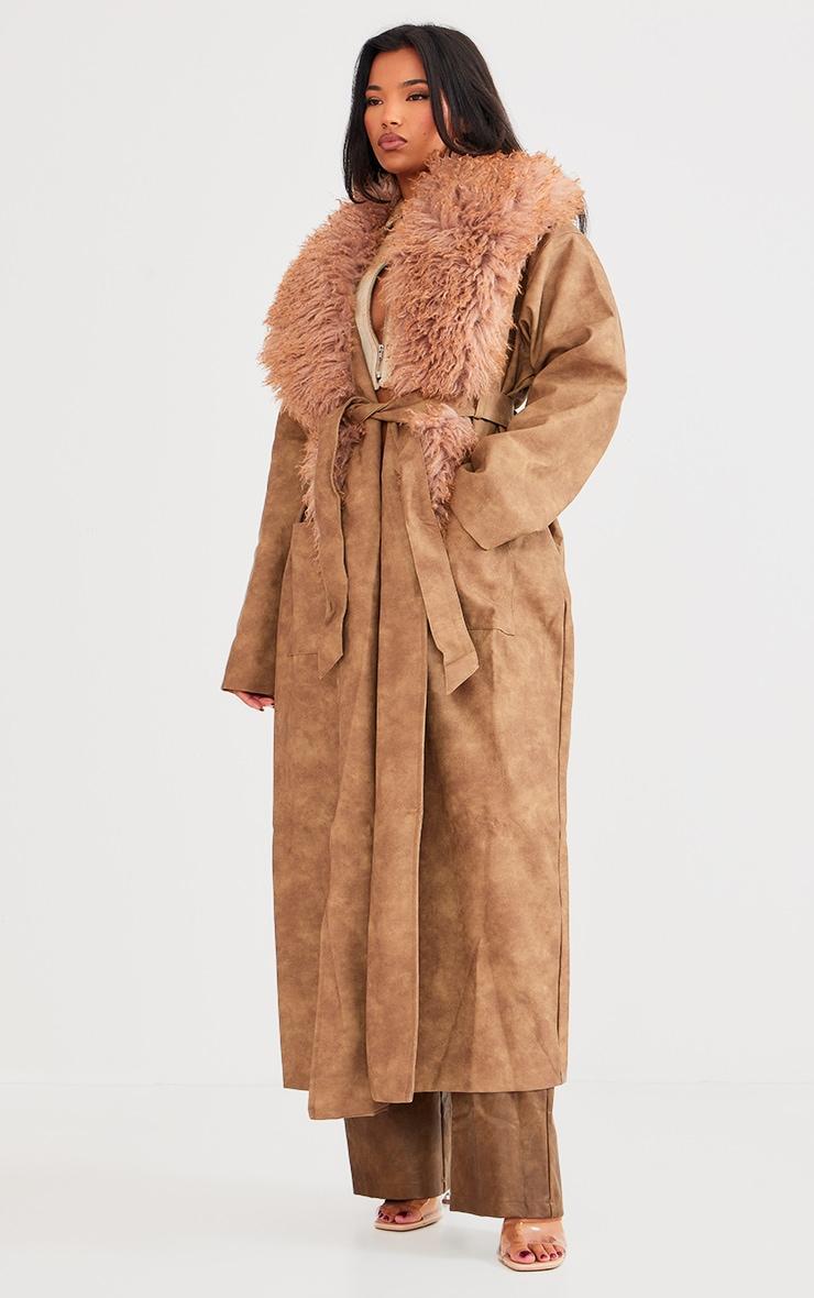 Brown Faux Shaggy Fur Distressed Faux Leather Belted Coat Product Image