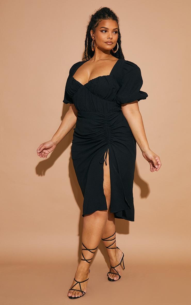 Plus Black Puff Sleeve Ruched Side Split Midi Dress Product Image