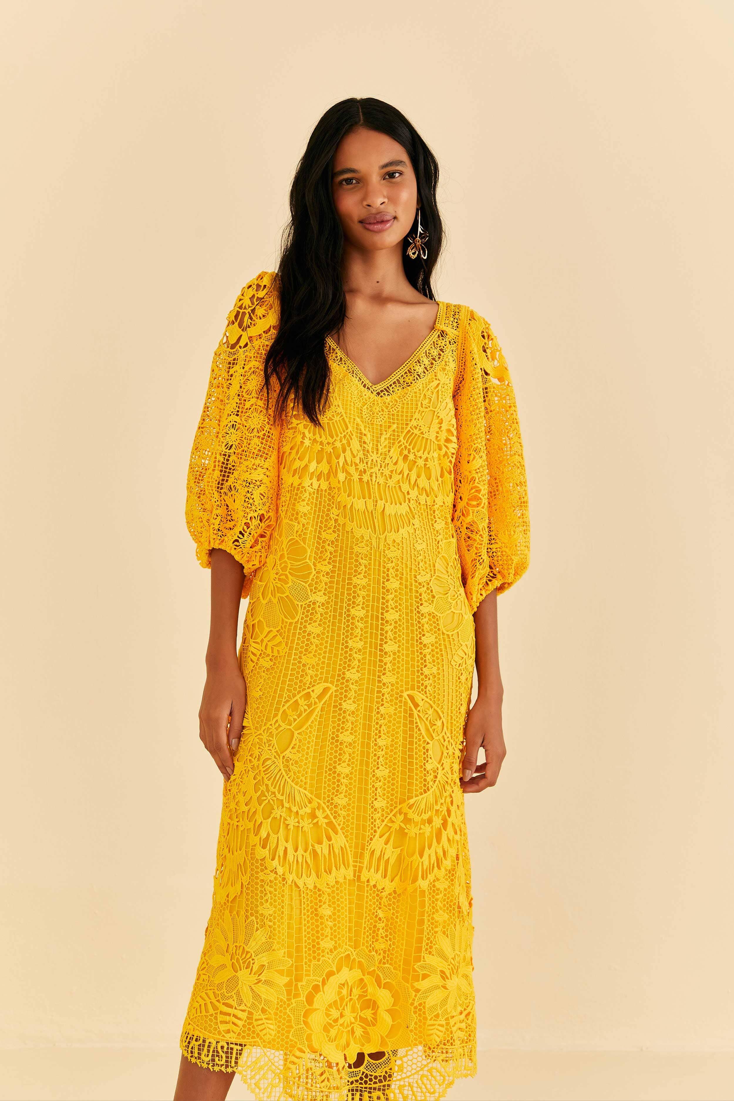 Yellow Guipure Midi Dress Product Image