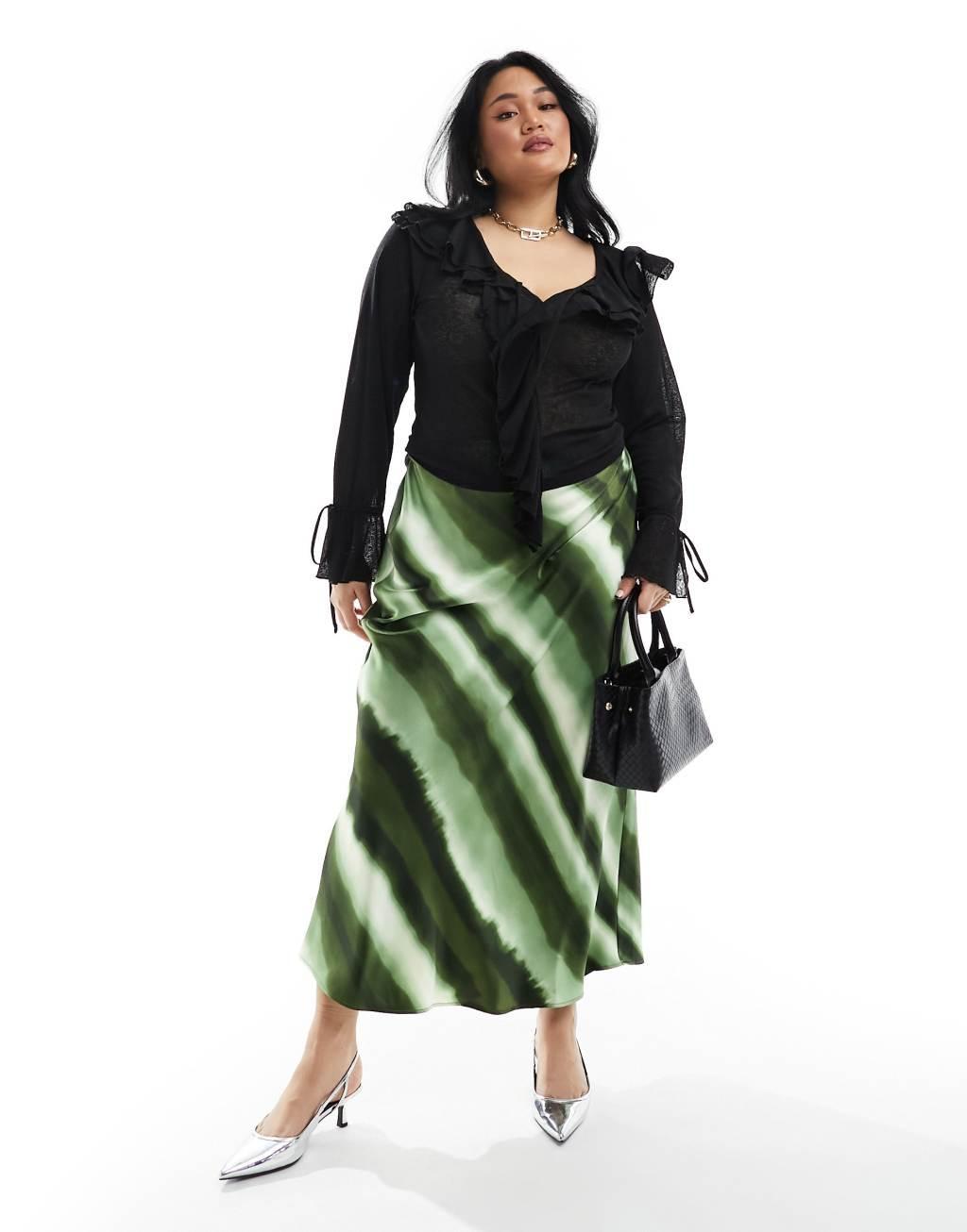 4th & Reckless Plus exclusive satin ombre stripe maxi skirt in green Product Image