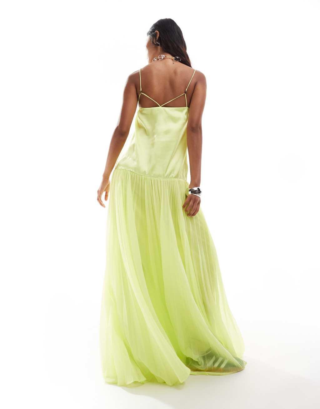 ASOS DESIGN satin cami trapeze dress with pleated skirt in lime Product Image