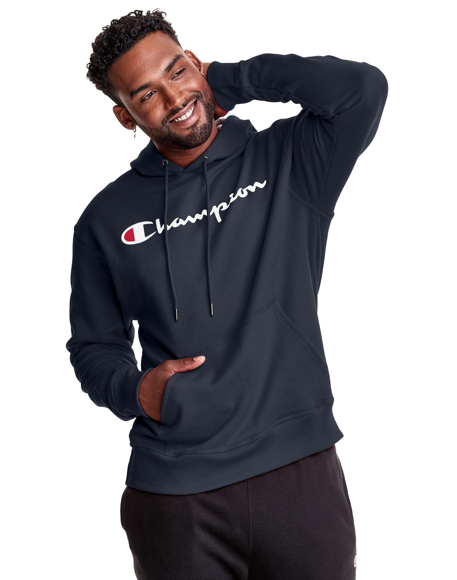 Mens Champion Powerblend Hoodie, Script Logo Navy XL Product Image