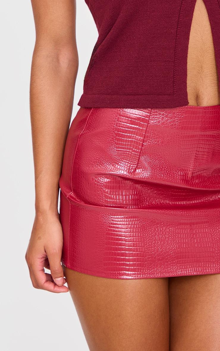 Burgundy Croc Faux Leather Low Rise Micro Mini Skirt Product Image