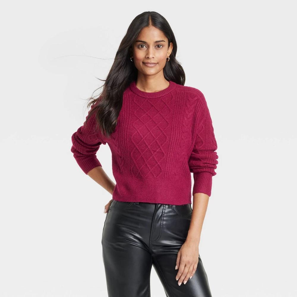 Womens Crewneck Cashmere-Like Cable Pullover Sweater - Universal Thread Maroon L product image