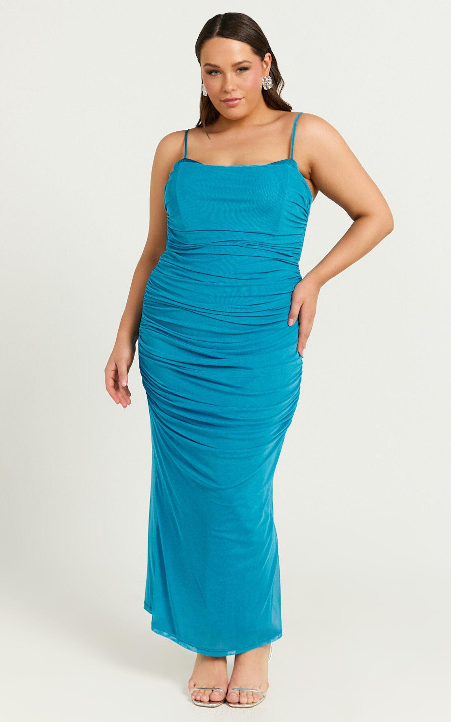 Rosalez Midi Dress - Strappy Ruched Bodycon Dress in Blue Product Image