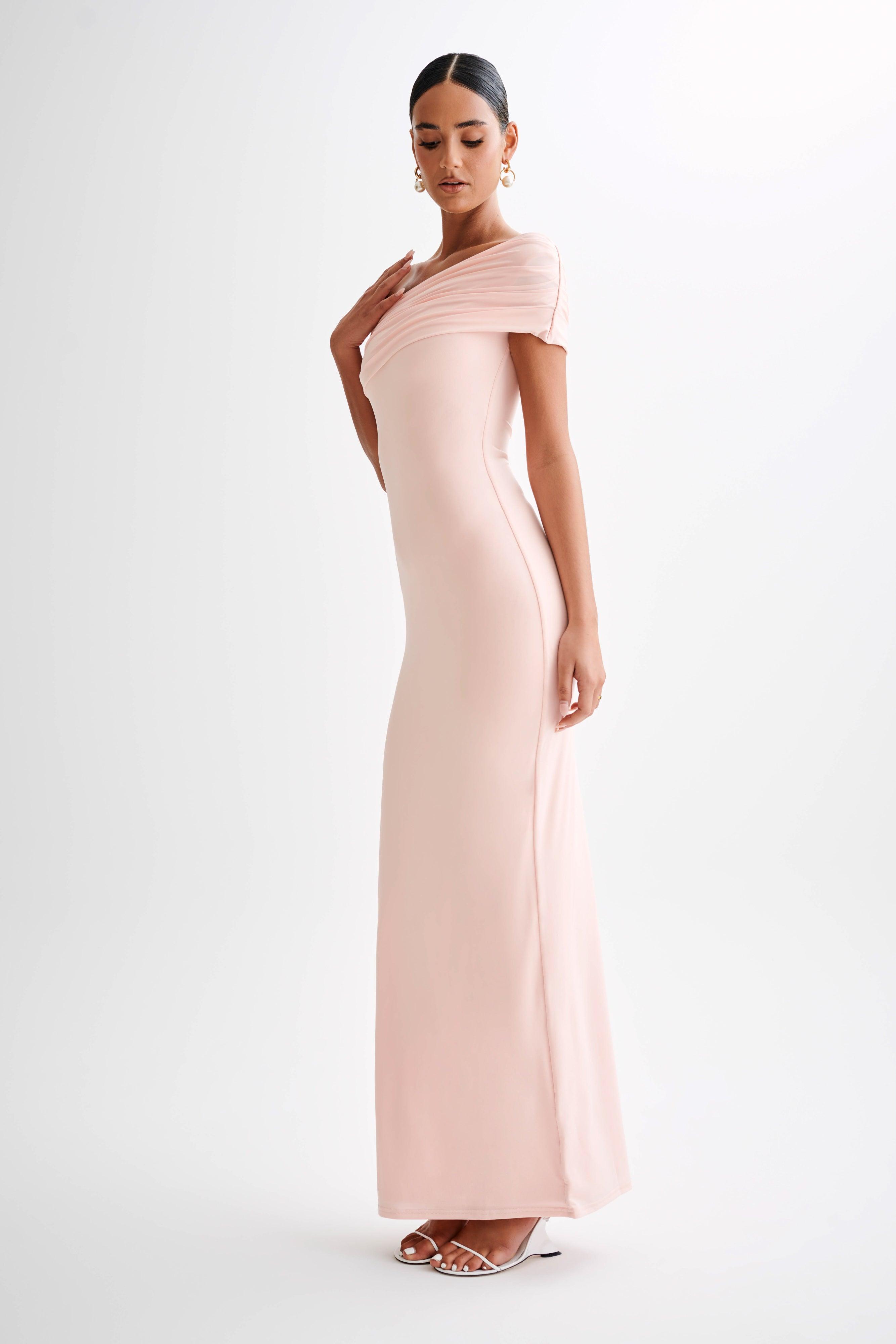 Cassandra Off Shoulder Slinky Maxi Dress - Pale Pink Product Image