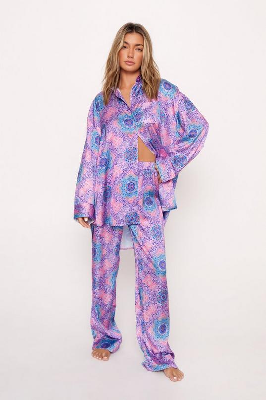 Tile Print Satin Long Pajama Set Product Image