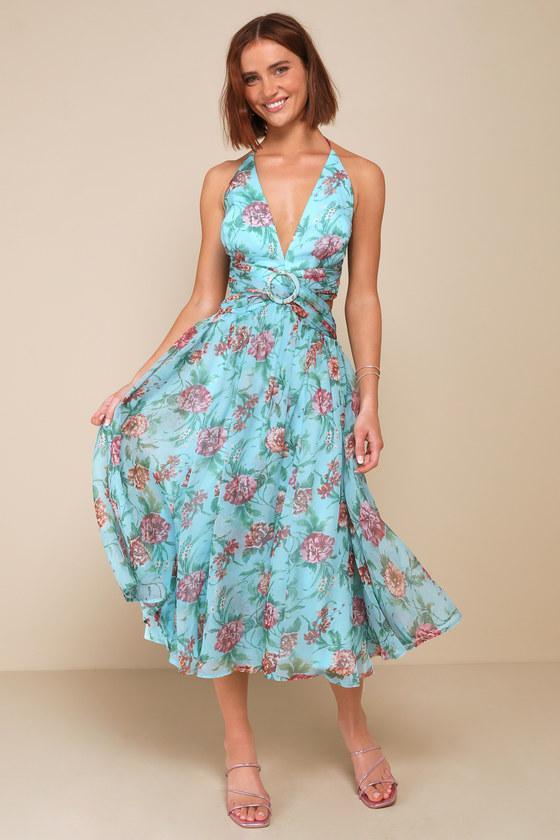 Exceedingly Radiant Blue Floral O-Ring Cutout Halter Midi Dress Product Image