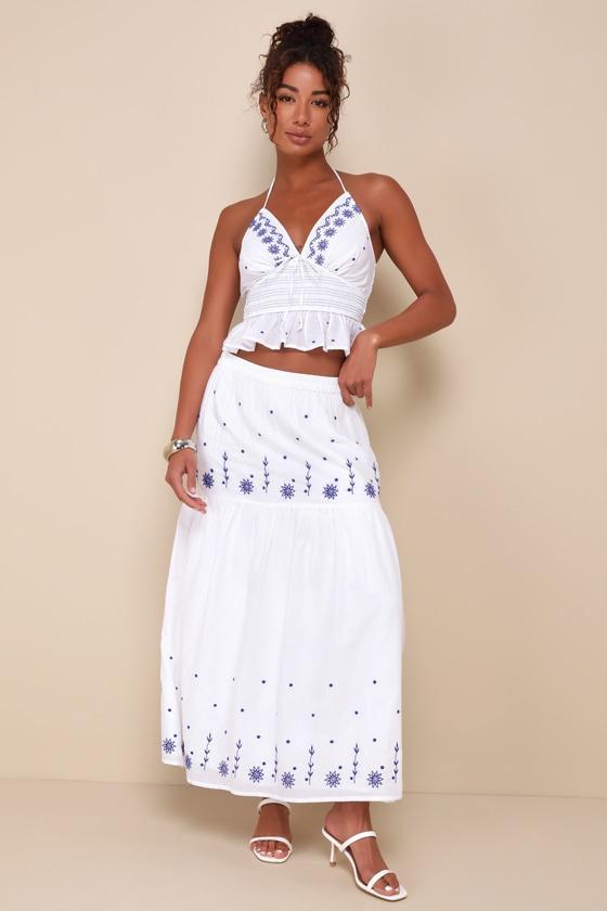 Summery Aura White Embroidered Tiered High-Waisted Maxi Skirt Product Image