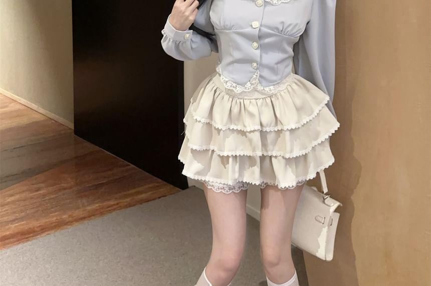 Long Sleeve Contrast Collar Lace Trim Blouse / High Rise Tiered Mini A-Line Skirt Product Image