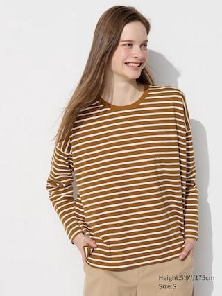 Womens Smooth Cotton Oversized T-Shirt Striped Brown Medium UNIQLO US Product Image