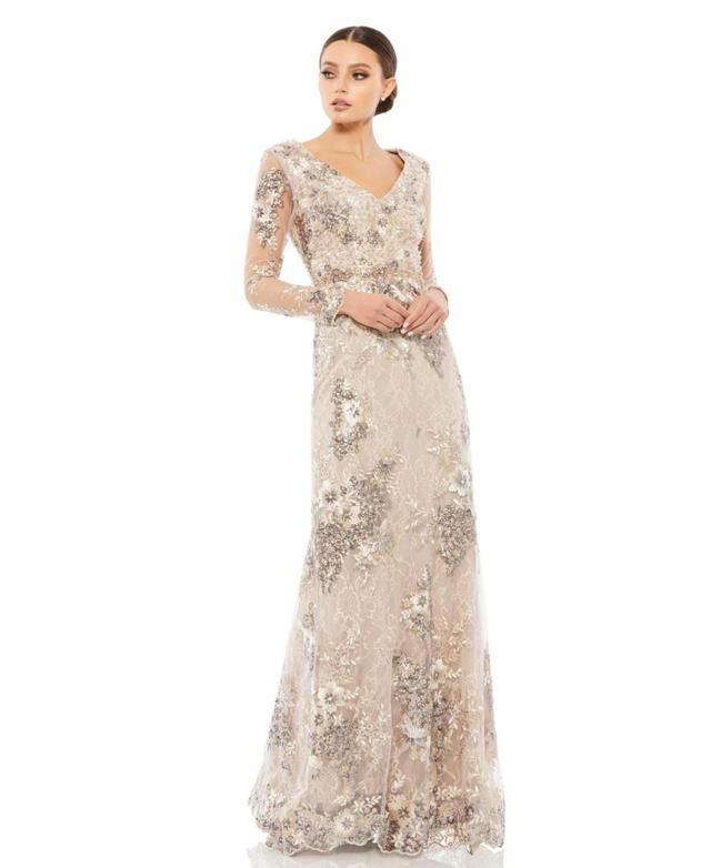 Womens Embellished V Neck Illusion Long Sleeve Gown Product Image