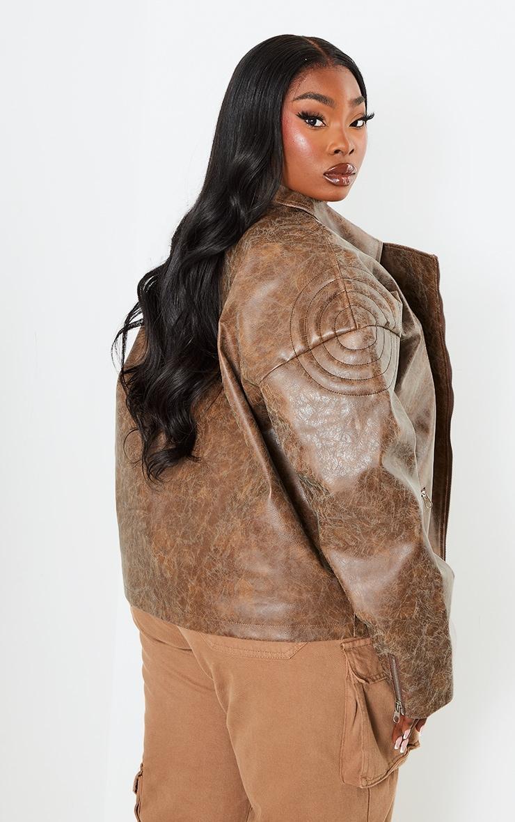 Plus Brown Oversized Faux Leather Distressed Look Biker Jacket Product Image