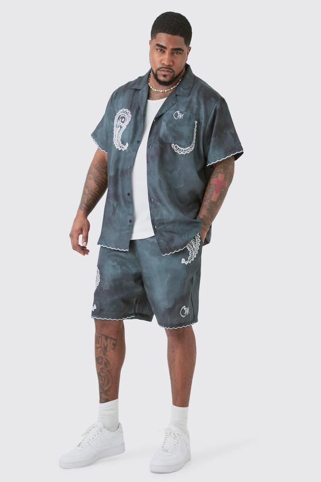 Plus Linen Look Tie Dye Paisley Embroidered Shirt & Short Set | boohooMAN USA Product Image