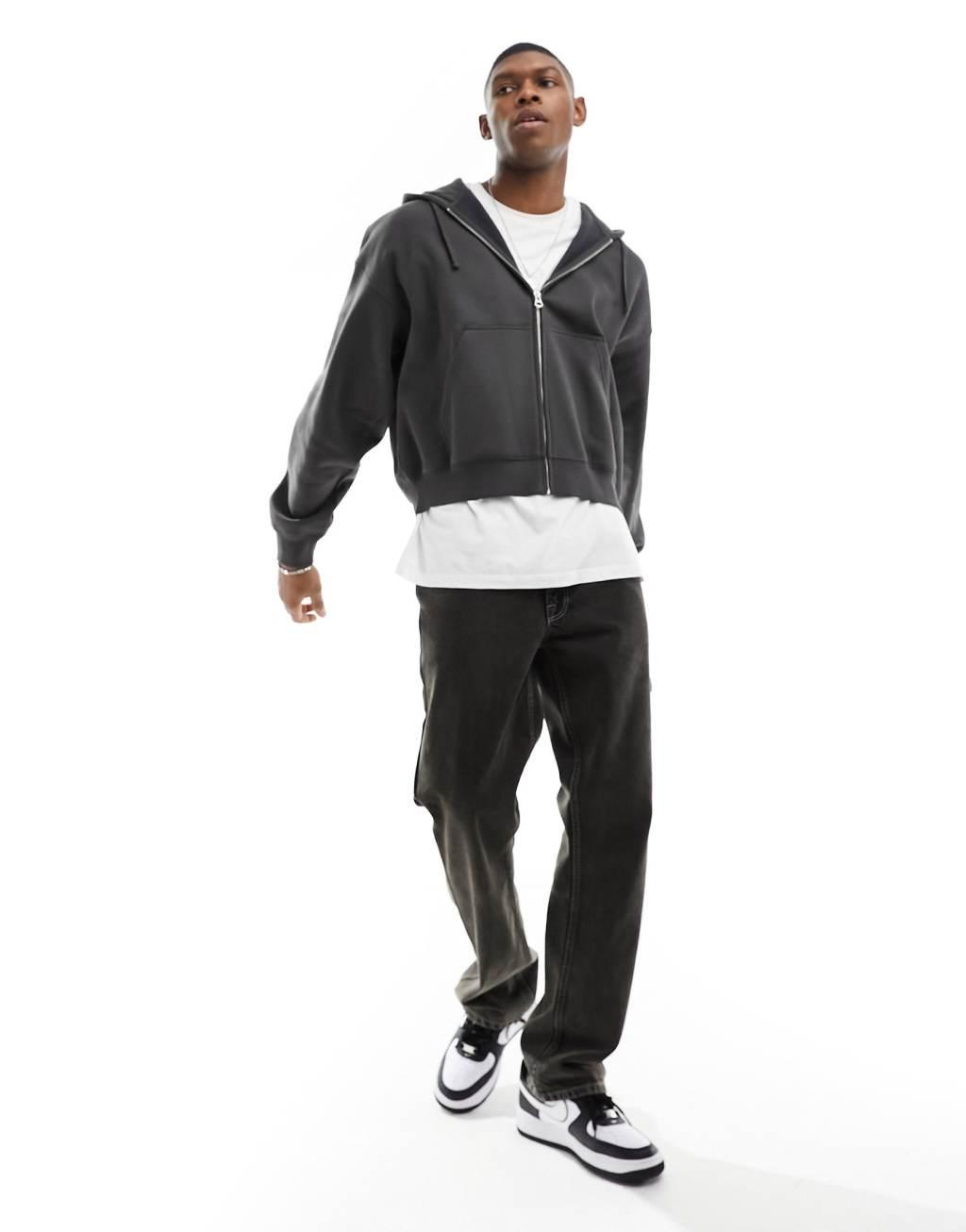 Weekday boxy fit zip up hoodie in off-black Product Image