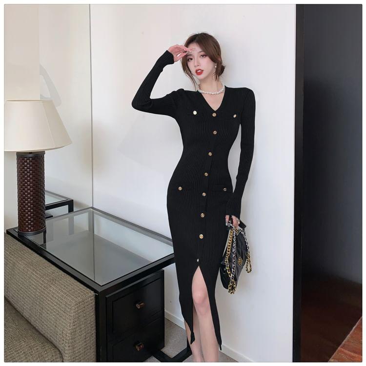 Long-Sleeve V-Neck Plain Button Ribbed Midi Sheath Knit Dress Product Image