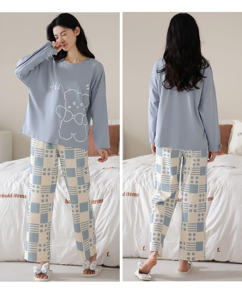 Loungewear Set : Long-Sleeve Bear Print Padded T-Shirt + Pants Product Image