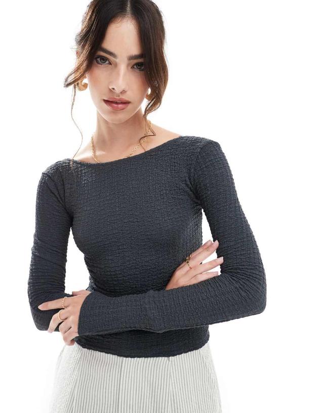 Pull&Bear textured open back long sleeve top in gray Product Image