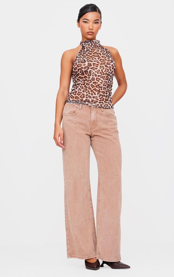 Brown Leopard Print Mesh High Neck Backless Long Top Product Image