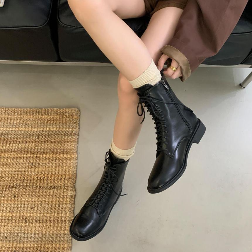 Chunky Heel Plain Lace-Up Faux Leather Short Boots product image