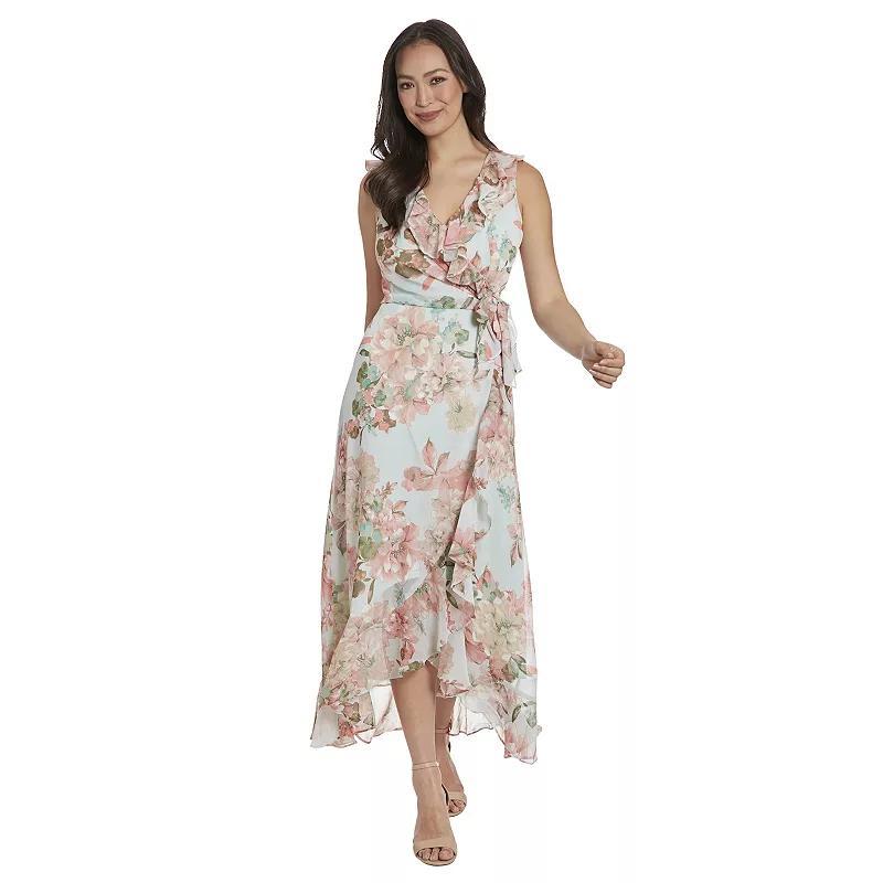 Womens London Times Ruffled Chiffon Maxi Dress Aqua Pink Product Image