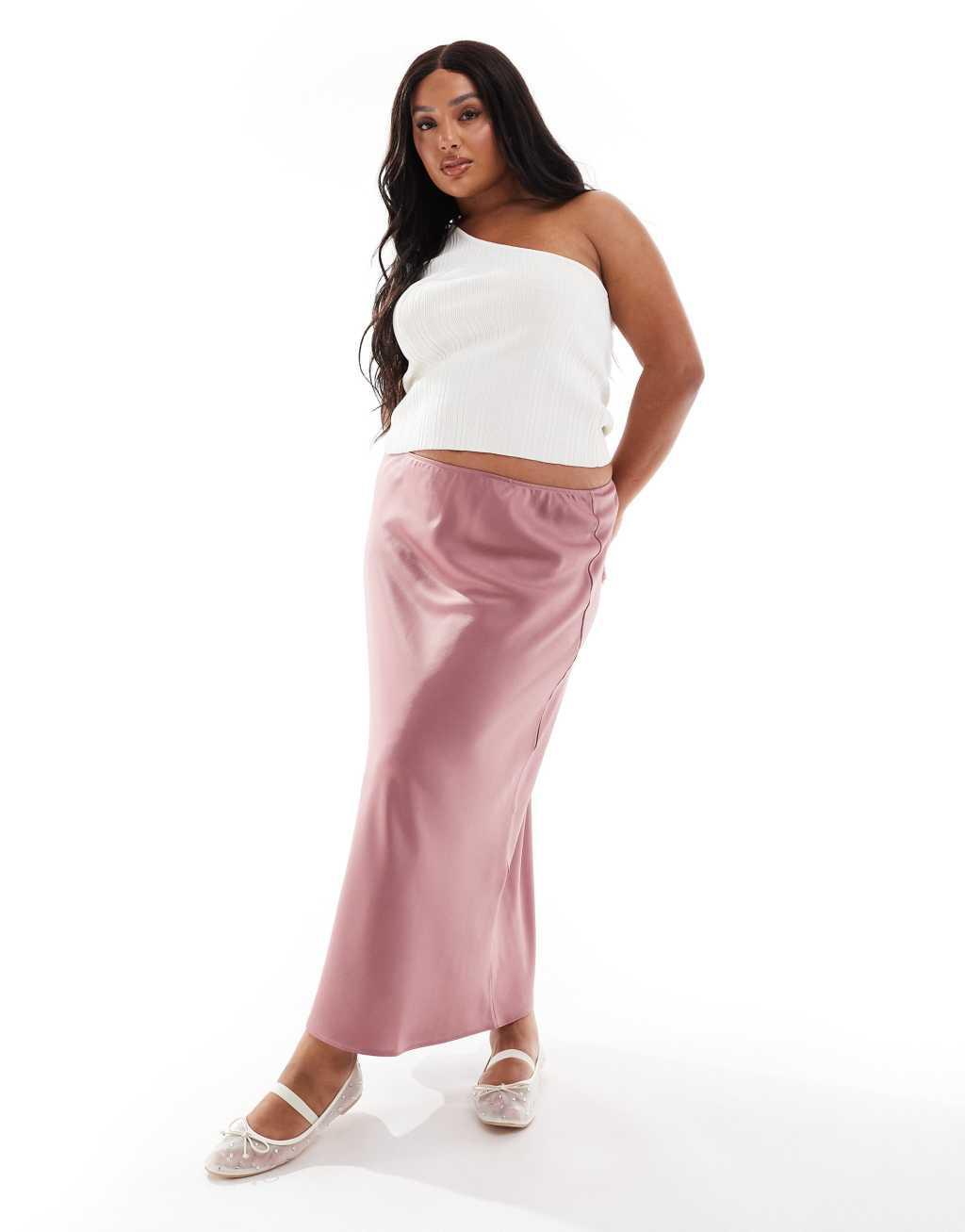 ASOS DESIGN Curve satin bias midi skirt in rose Product Image