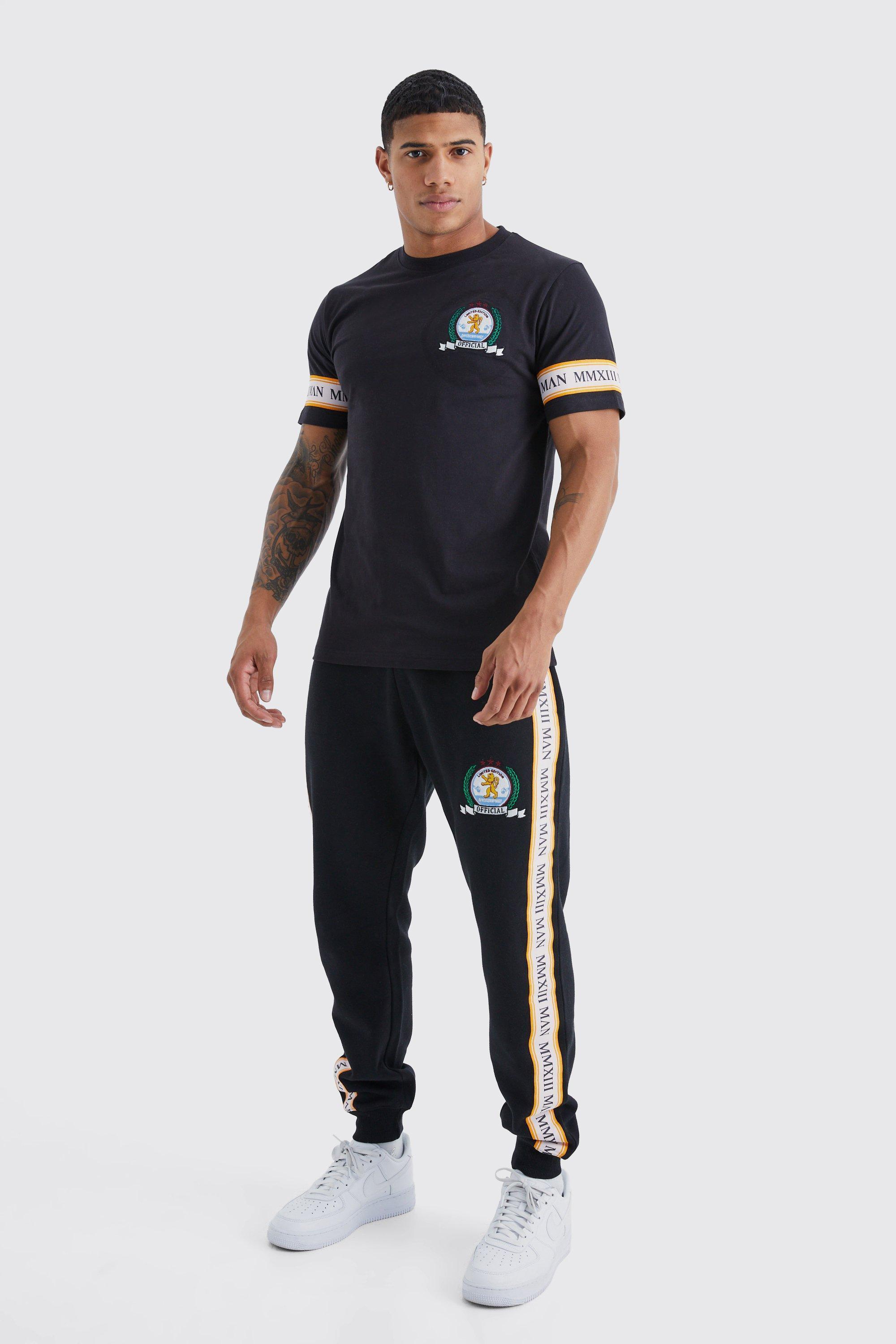 Mens Black Man Gold Embroidered Tshirt And Jogger Set, Black Product Image