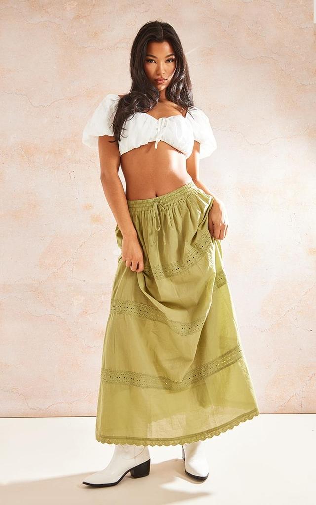 Khaki Cotton Lace Detail Maxi Skirt Product Image