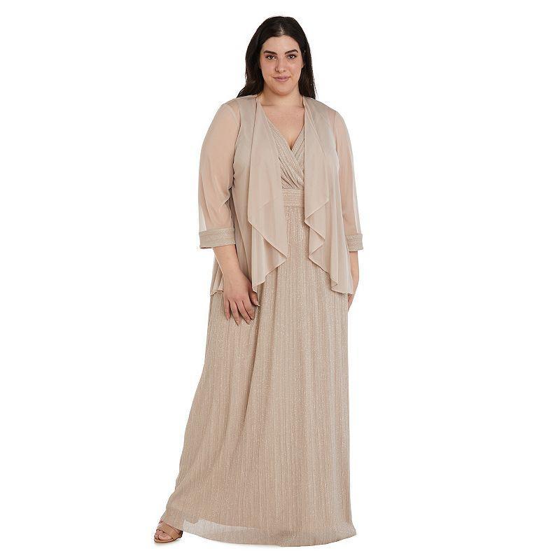 Plus Size R&M Richards 2-Piece Flyaway Jacket and Surplice Dress Set, Womens Lt Beige Product Image