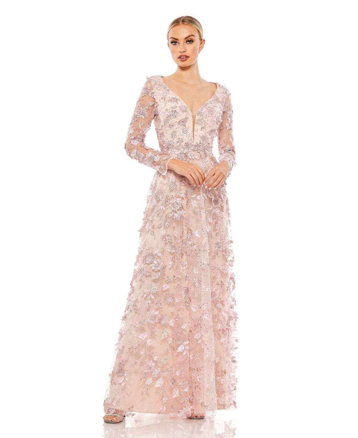 Mac Duggal Womens Floral Applique Long Sleeve Illusion Gown Product Image