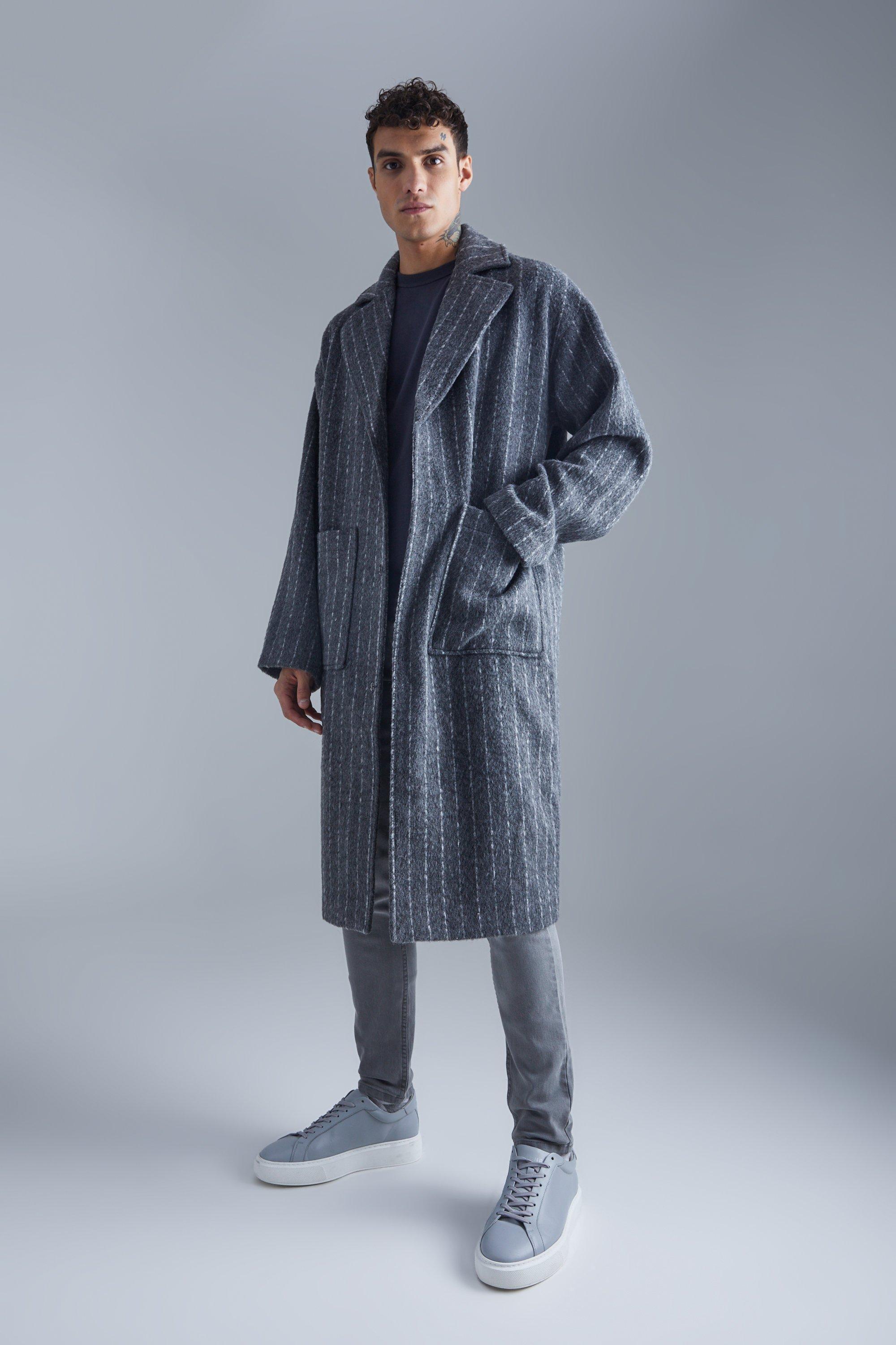 Single Breasted Brushed Stripe Overcoat | boohooMAN USA Product Image