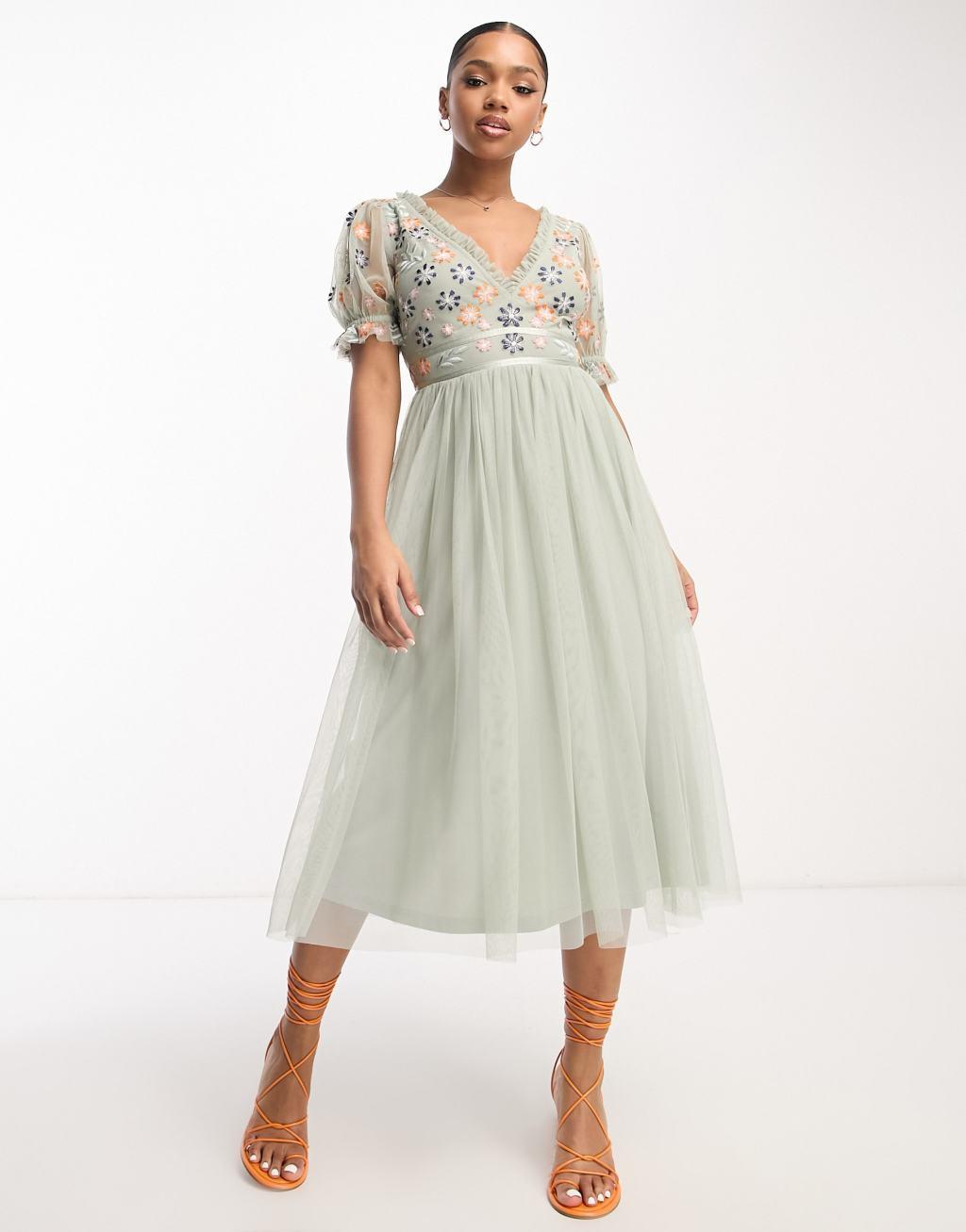 Maya ruffle sleeve midi dress with embroidery Product Image