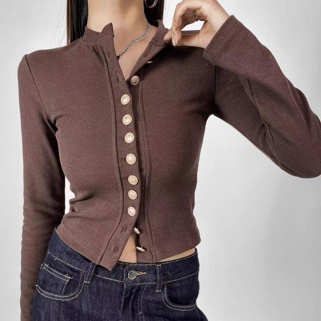 Long-Sleeve Button-Up Plain Top Product Image