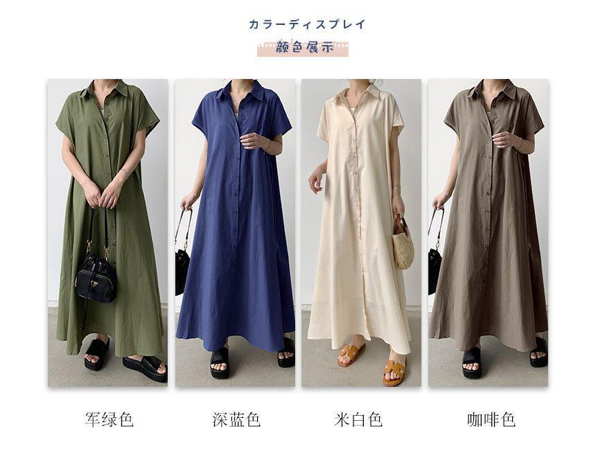 Short-Sleeve Collared Plain Maxi A-Line Shirt Dress Product Image