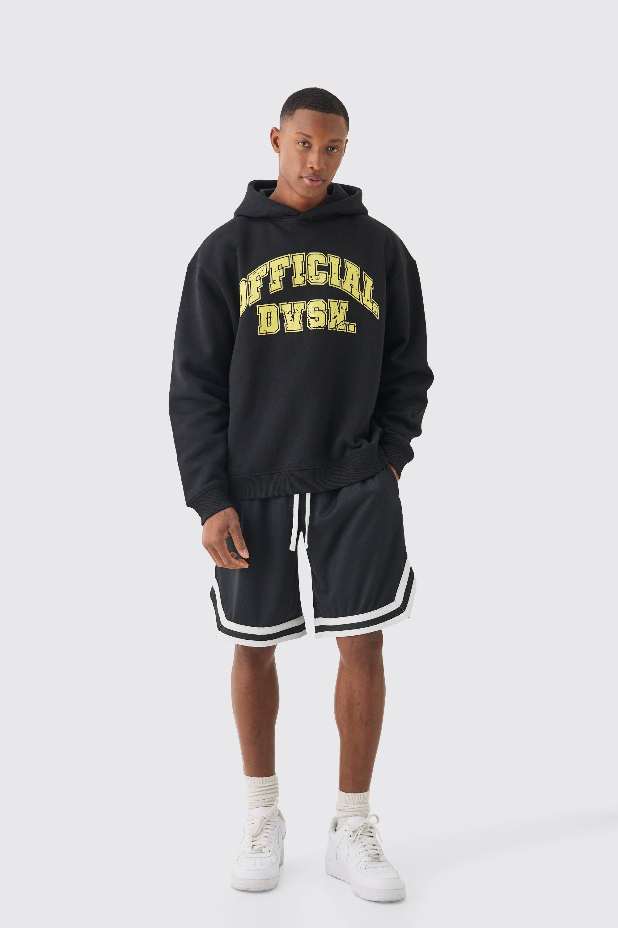 Mens Black Oversized Official Varsity Hoodie And Basketball Short Set, Black Product Image