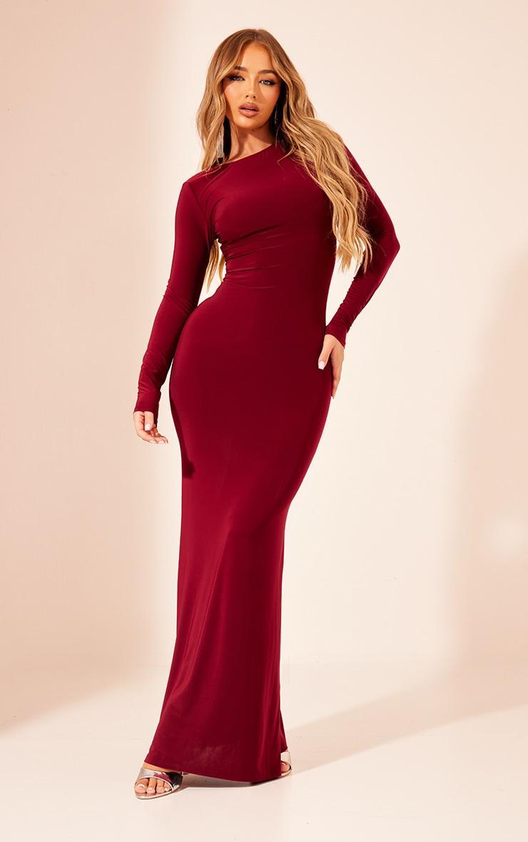 Dark Red Cross Back Long Sleeve Maxi Dress Product Image