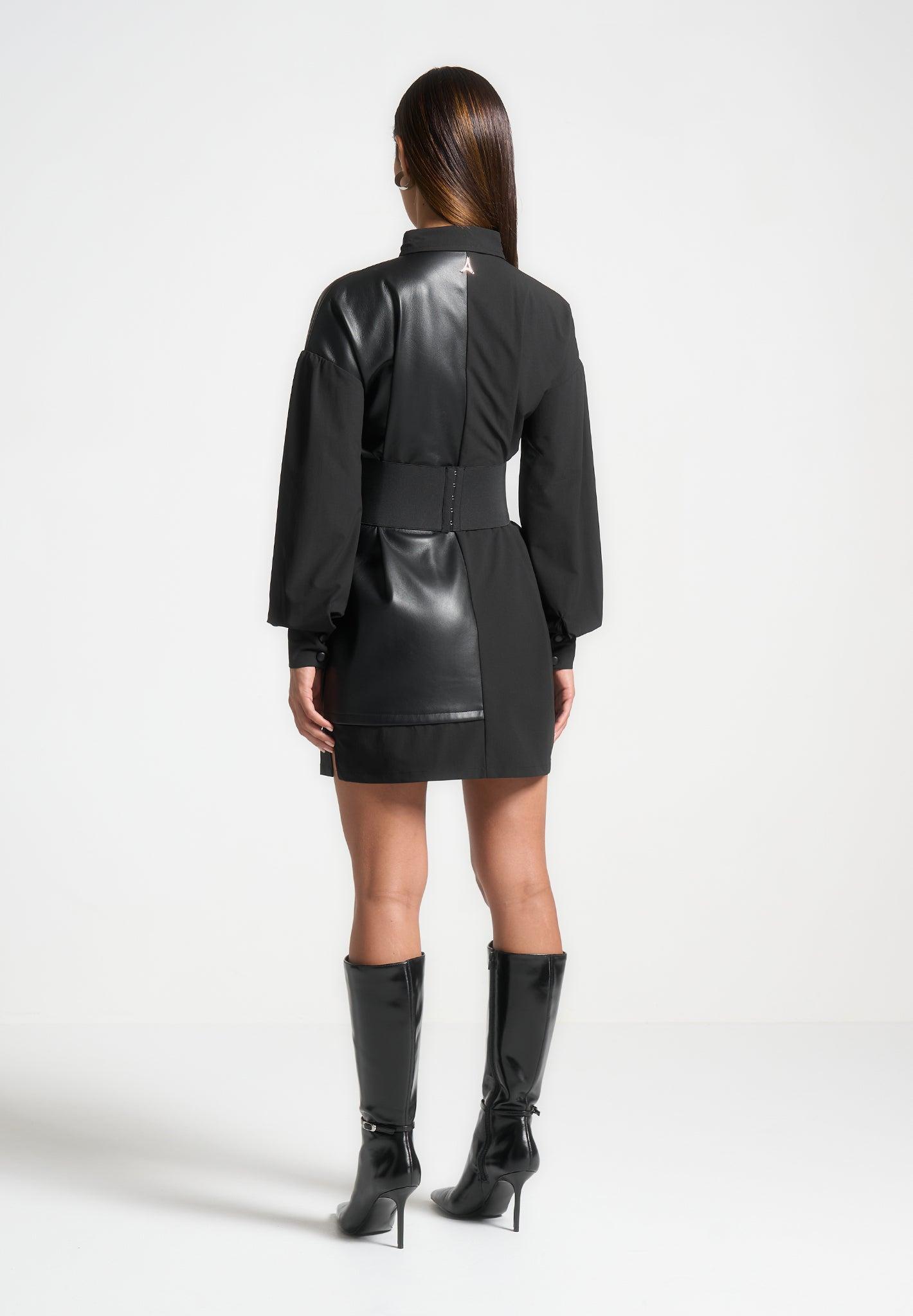 Half Leather Shirt Dress - Black Female Product Image