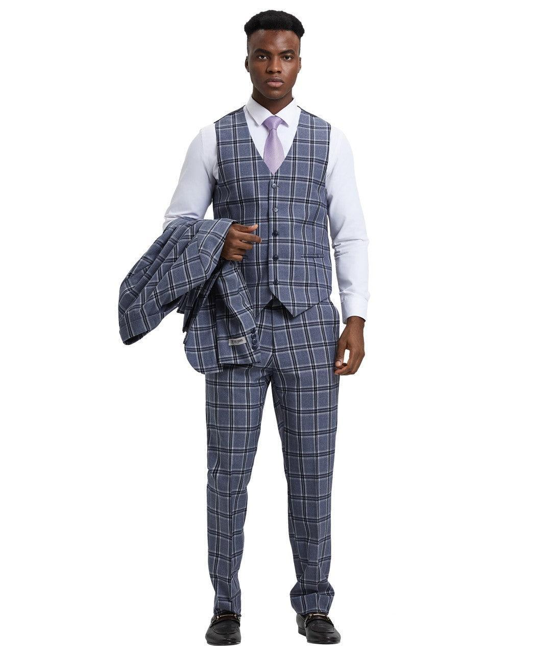 Stacy Adams 3 Piece Suit 2 Buttons Plaid Hybrid Fit in Grey with Adjustable Waistband Product Image